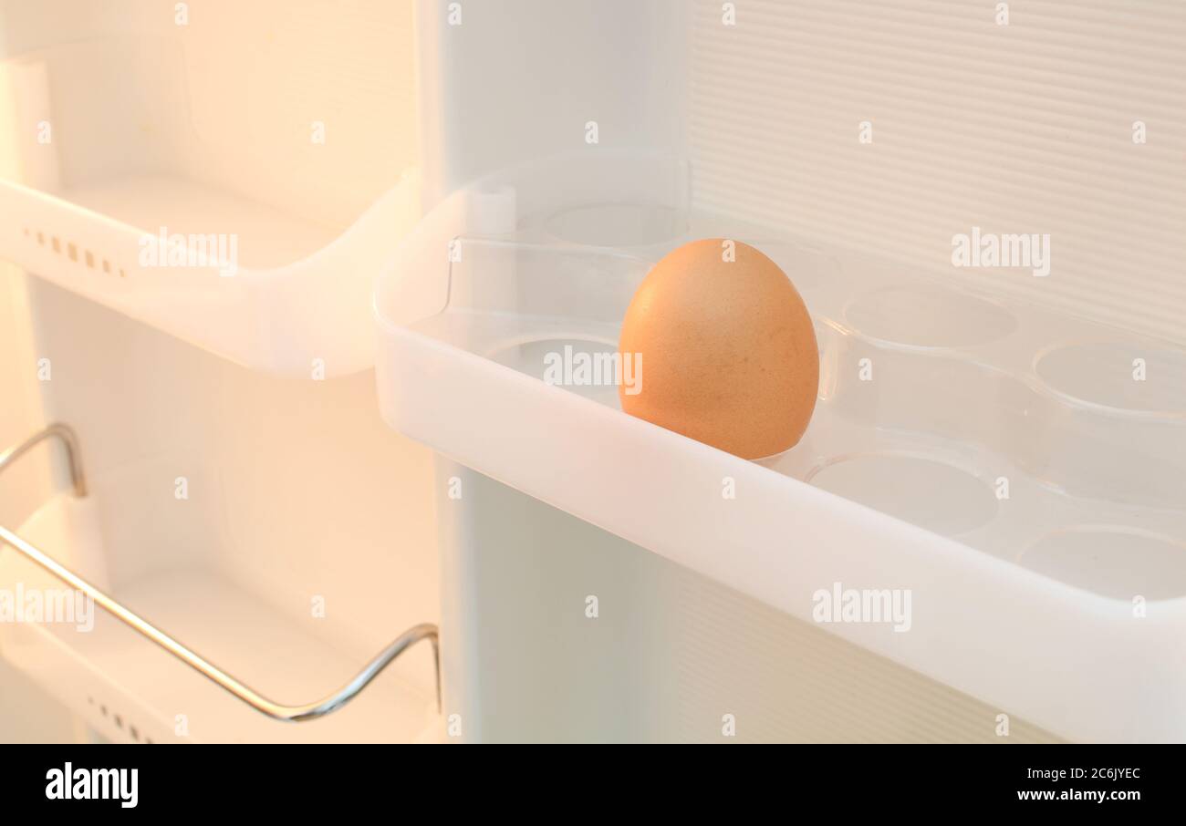 Single egg in empty fridge. Close up egg in refrigerator/freezer door Stock Photo