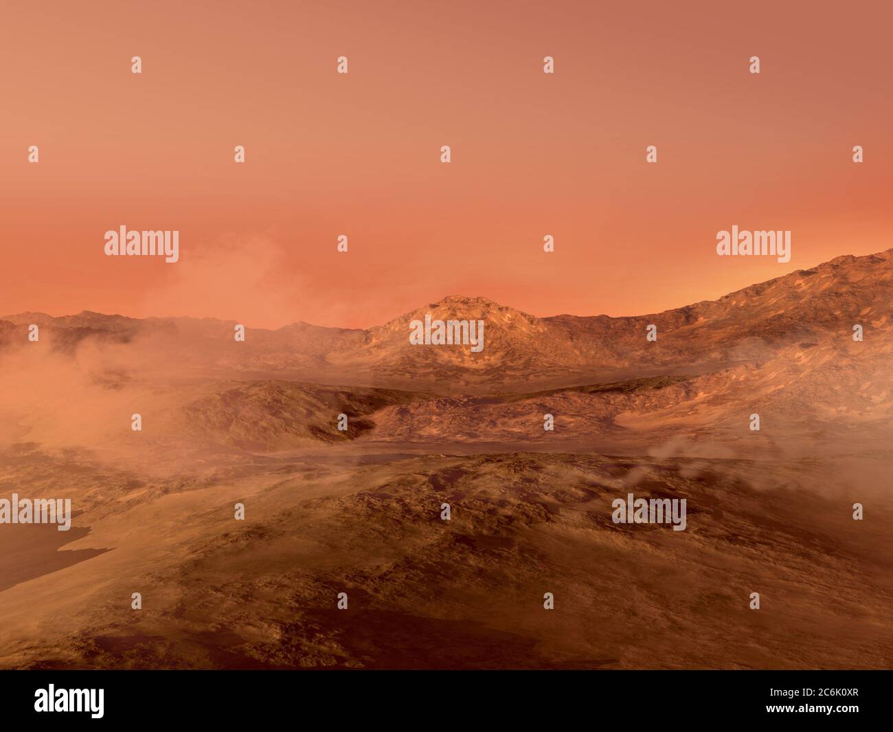 3D rendered Mars landscape with a red rocky terrain covered in fog, for science fiction or space exploration backgrounds. Stock Photo