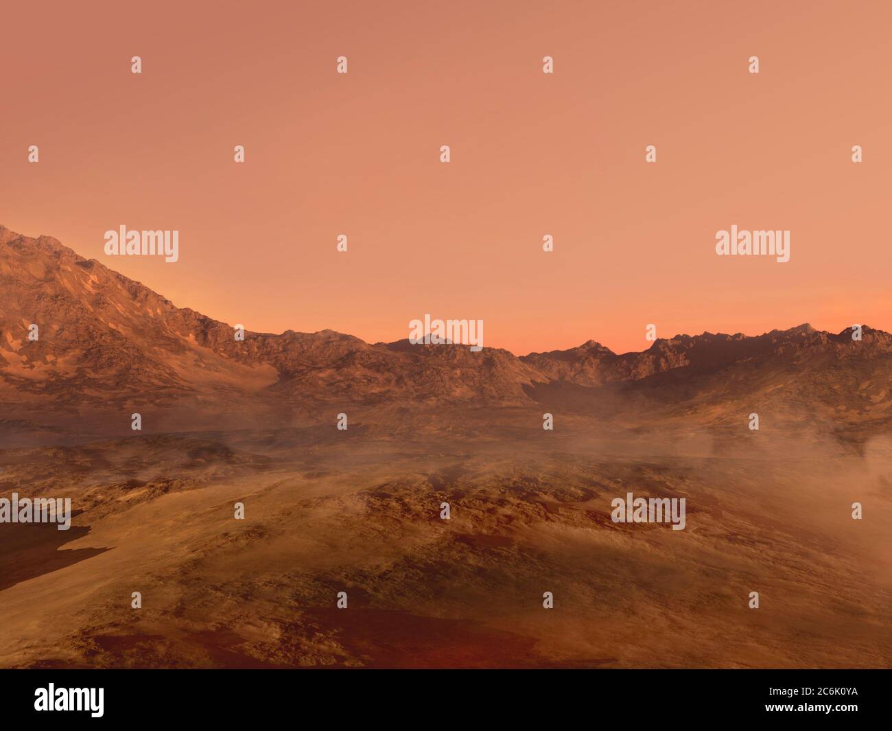 3D rendered Mars landscape with a red rocky terrain covered in fog, for science fiction or space exploration backgrounds. Stock Photo