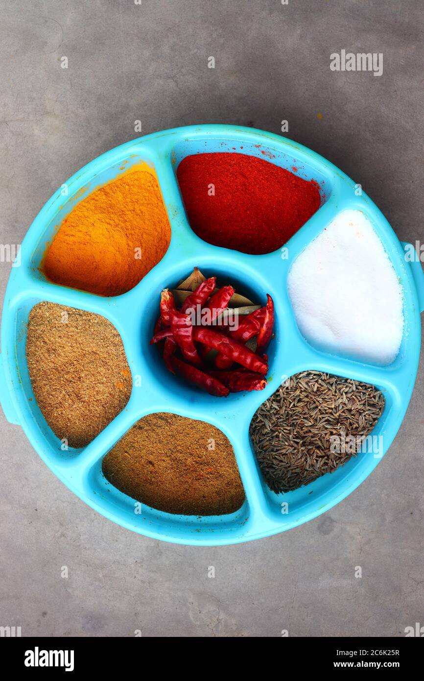 Indian delicious ingredients, Indian Masala, Indian spices top view Stock Photo