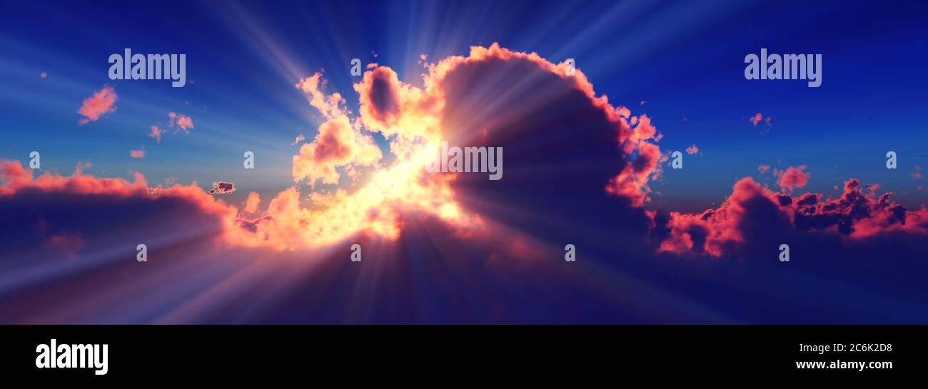 Sun Rays Render above clouds sun ray sunset. 3d render illustration Stock Photo - Alamy