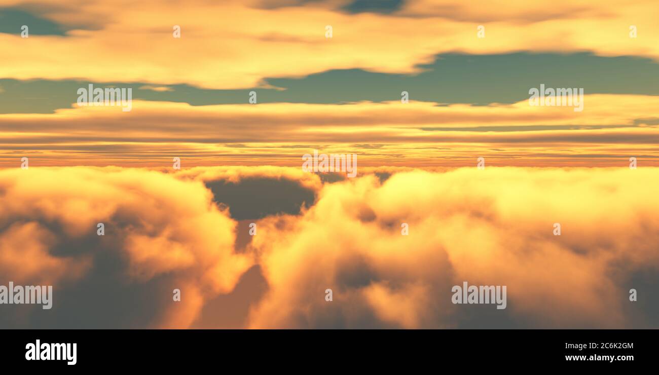 Beautiful aerial view above clouds with sunset. 3d illustration Stock ...