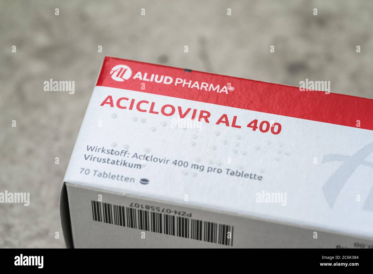 A pack of Aciclovir tablets also known as acyclovir – antiviral medication to prevent infection with the Herpes simplex virus, chickenpox and shingles Stock Photo