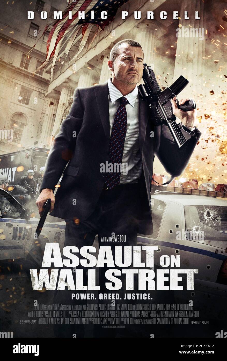Assault on Wall Street [aka Bailout: The Age of Greed]  (2013) directed by Uwe Boll and starring Dominic Purcell, Erin Karpluk, Edward Furlong and John Heard. A New Yorker seeks revenge on the fraudulent suits who destroyed his life. Stock Photo