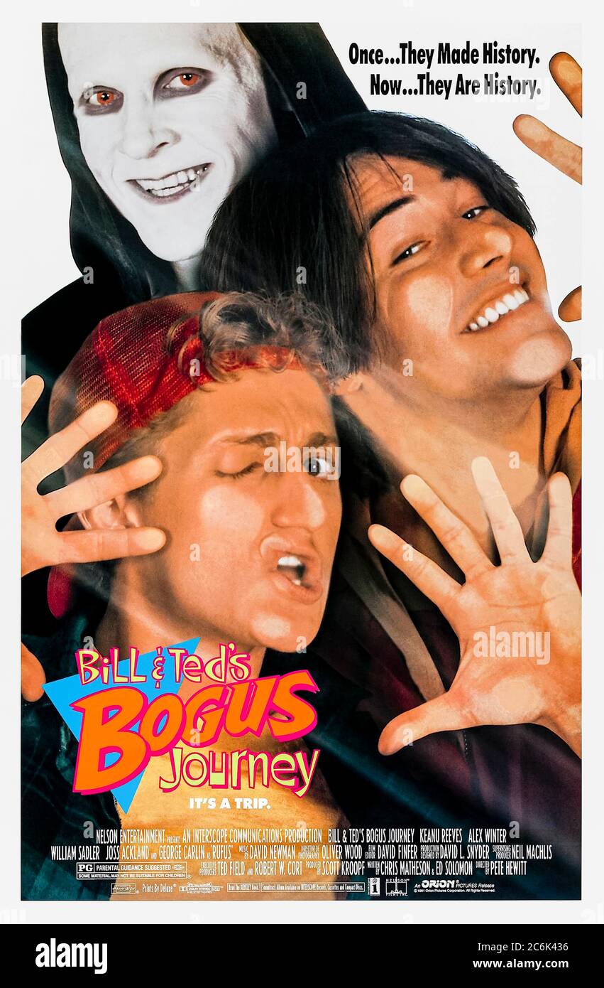 Bill & Ted's Bogus Journey (1991) directed by Peter Hewitt and starring Keanu Reeves, Alex Winter, William Sadler and Pam Grier. Two androids from the future that look like Bill & Ted are sent back to replace them and he boys must outwit Death himself. Stock Photo