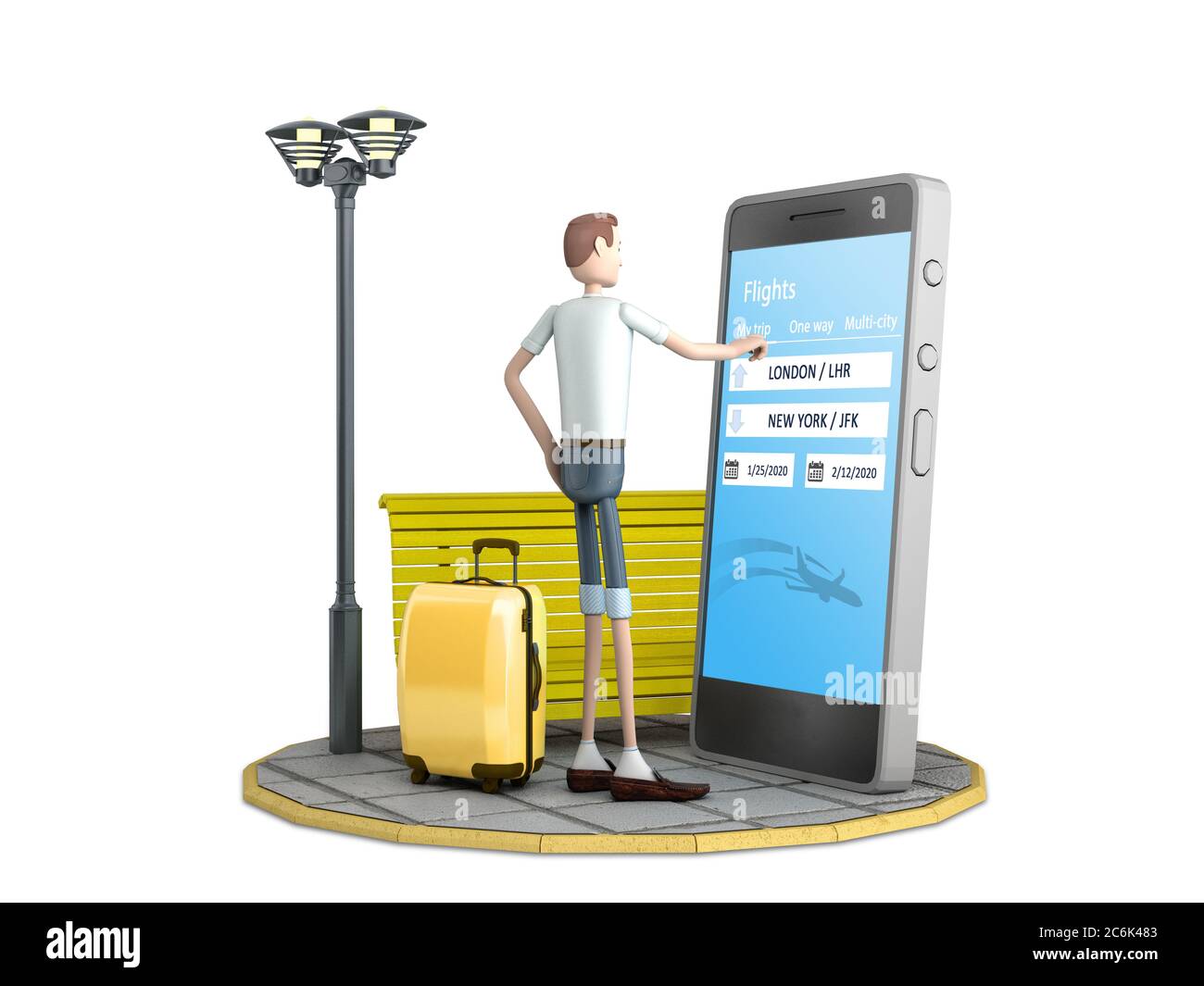 travel concept cartoon man with a suitcase stands next to a smartphone with a ticket booking window on the screen 3d render on white Stock Photo