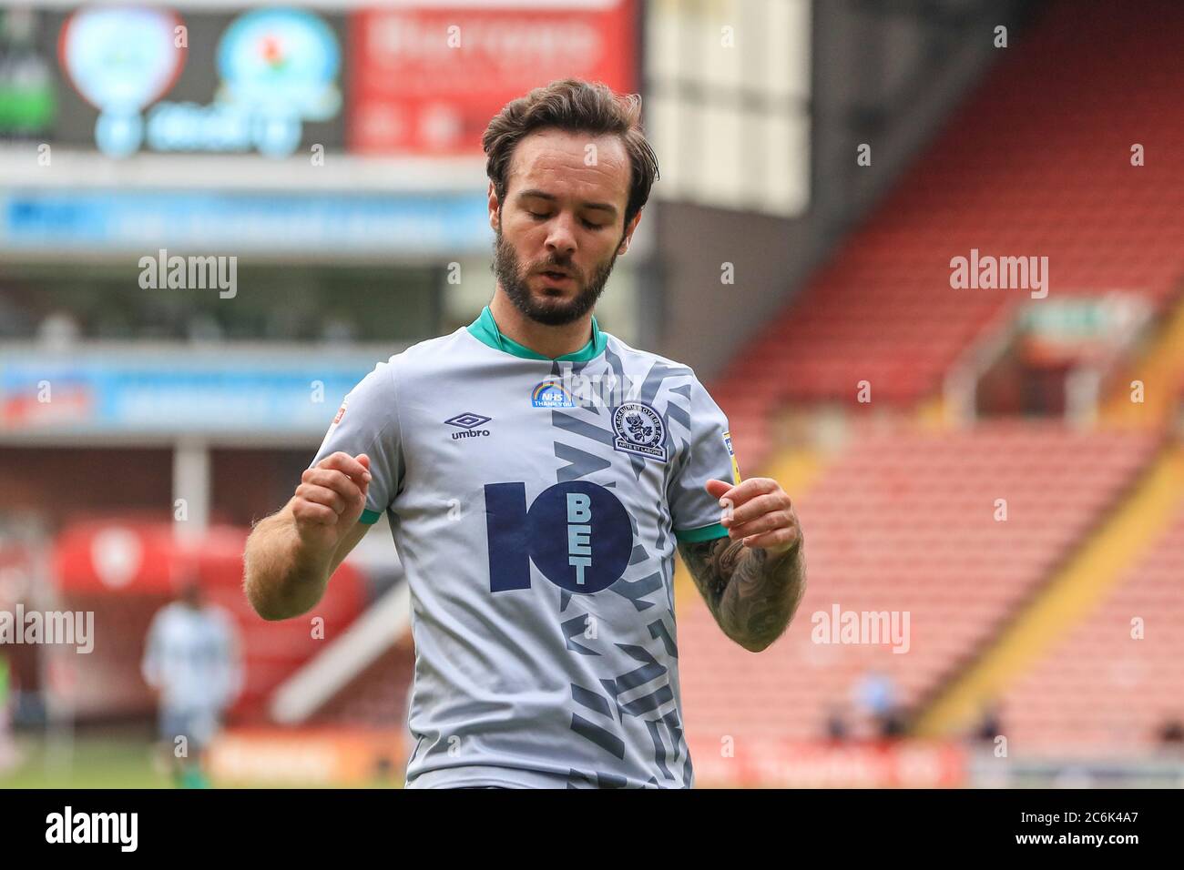 Adam Armstrong (7) of Blackburn Rovers reacts as his close range shot is saved by Jack Walton (13) of Barnsley Stock Photo