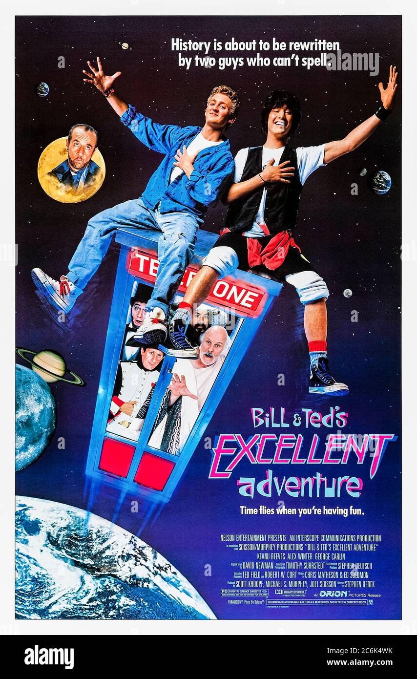 Bill & Ted's Excellent Adventure (1989) directed by Stephen Herek and starring Keanu Reeves, Alex Winter, George Carlin and Terry Camilleri. Two underachieving teenagers set off in a time machine to meet historical figures in the preparation for a high school history presentation. Stock Photo