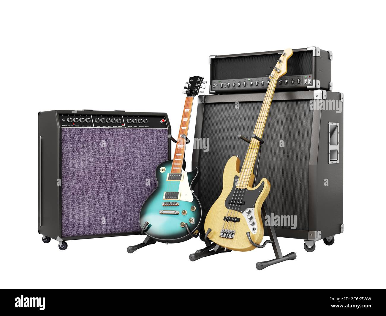 musical instrument guitars and speakers 3d render on white no shadow