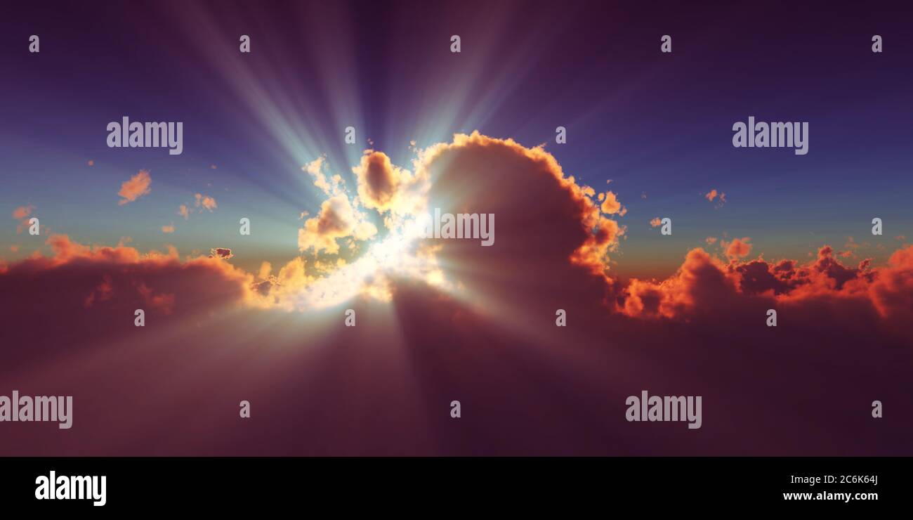 Sun Rays Render above clouds sun ray sunset. 3d render illustration Stock Photo - Alamy