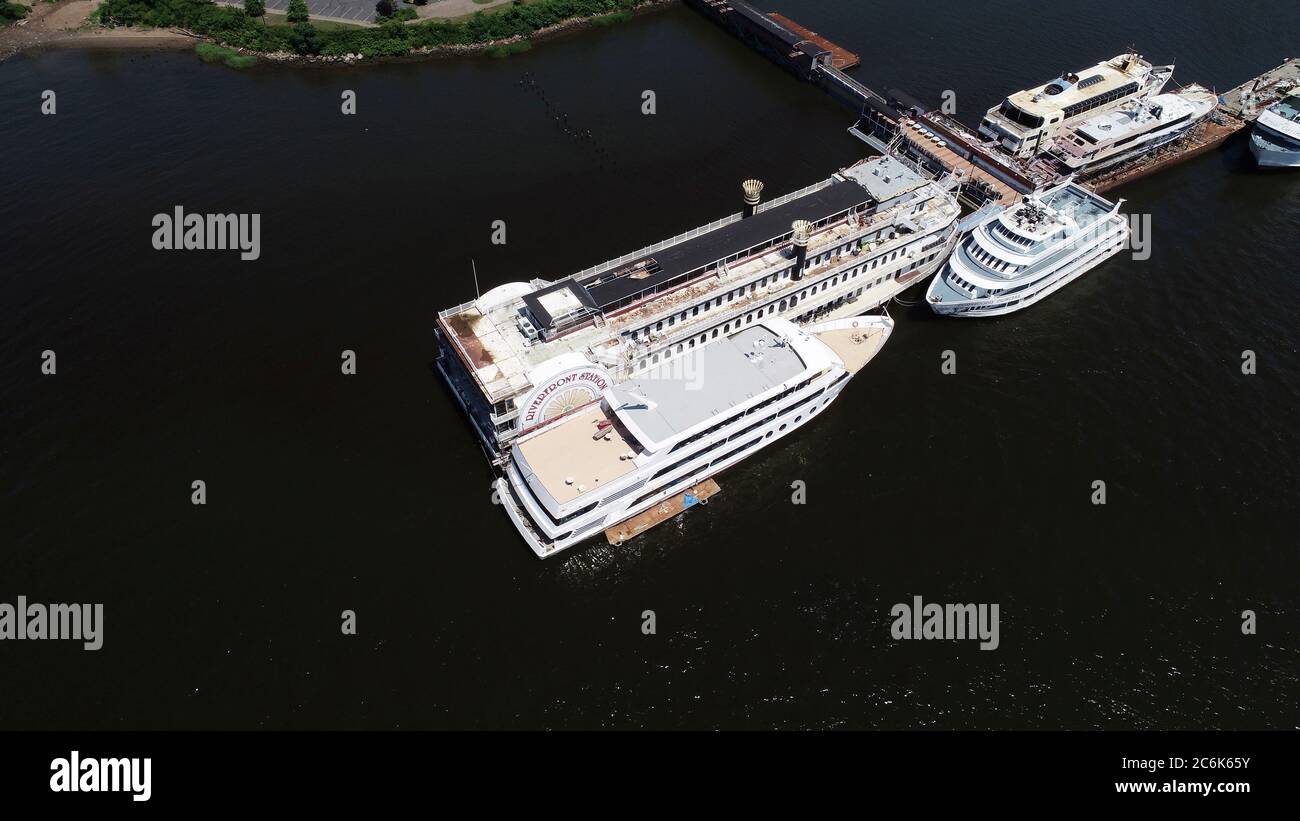 Aerial view of ships docked along the Raritan River in Perth Amboy, New Jersey Stock Photo
