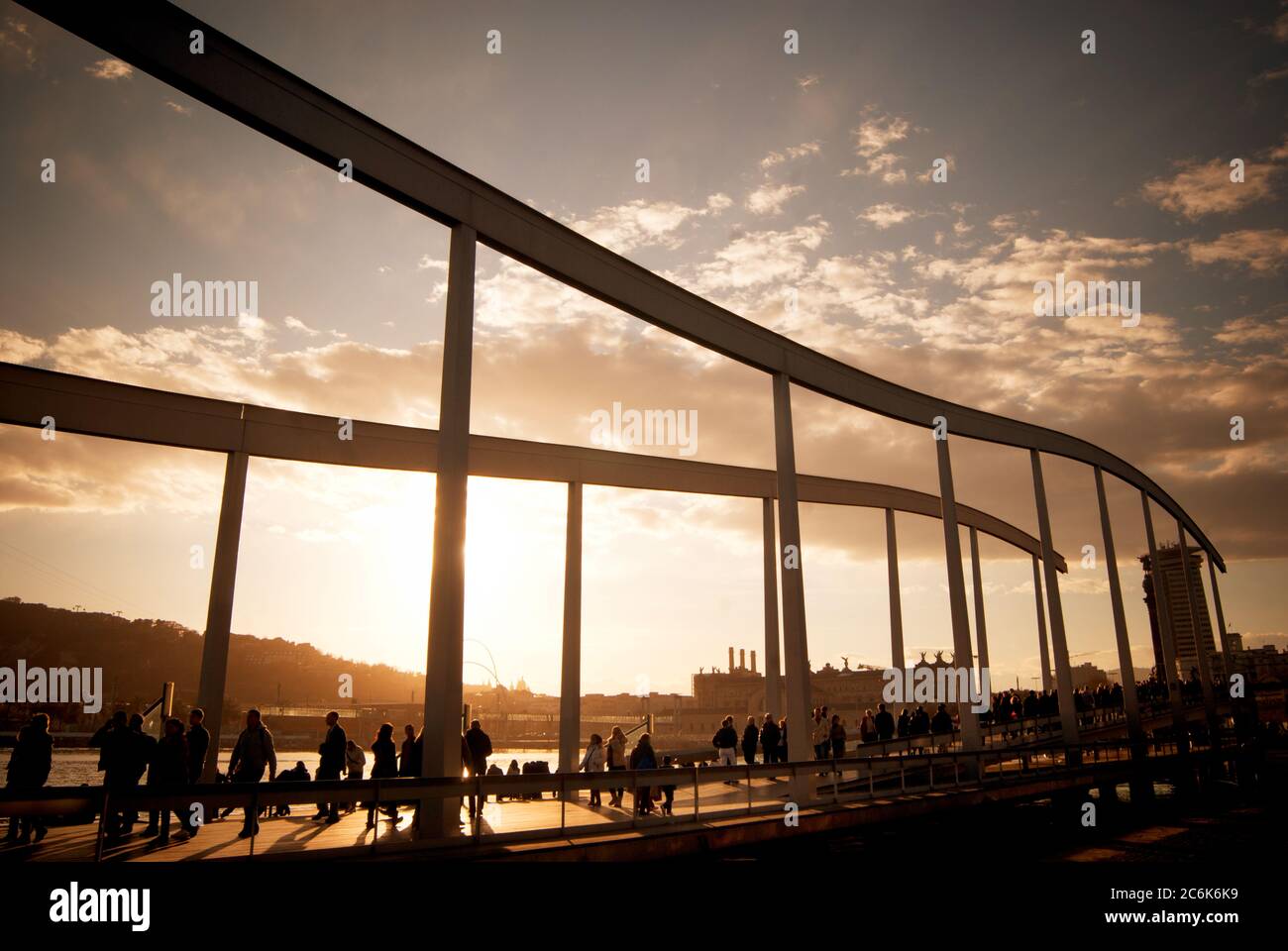 Walkway to the Maremagnum shopping center at sunset, Barcelona, Spain Stock Photo