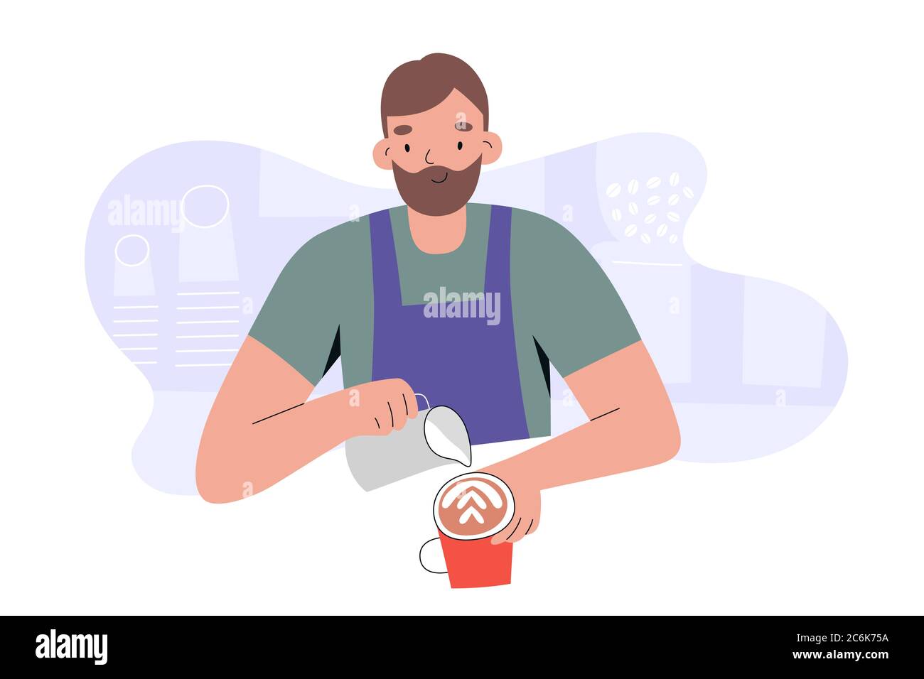 Barista character working in coffee shop or cafe, young man wearing apron and pouring whipped milk foam in a coffee mug, preparing cappuccino, flat Stock Vector