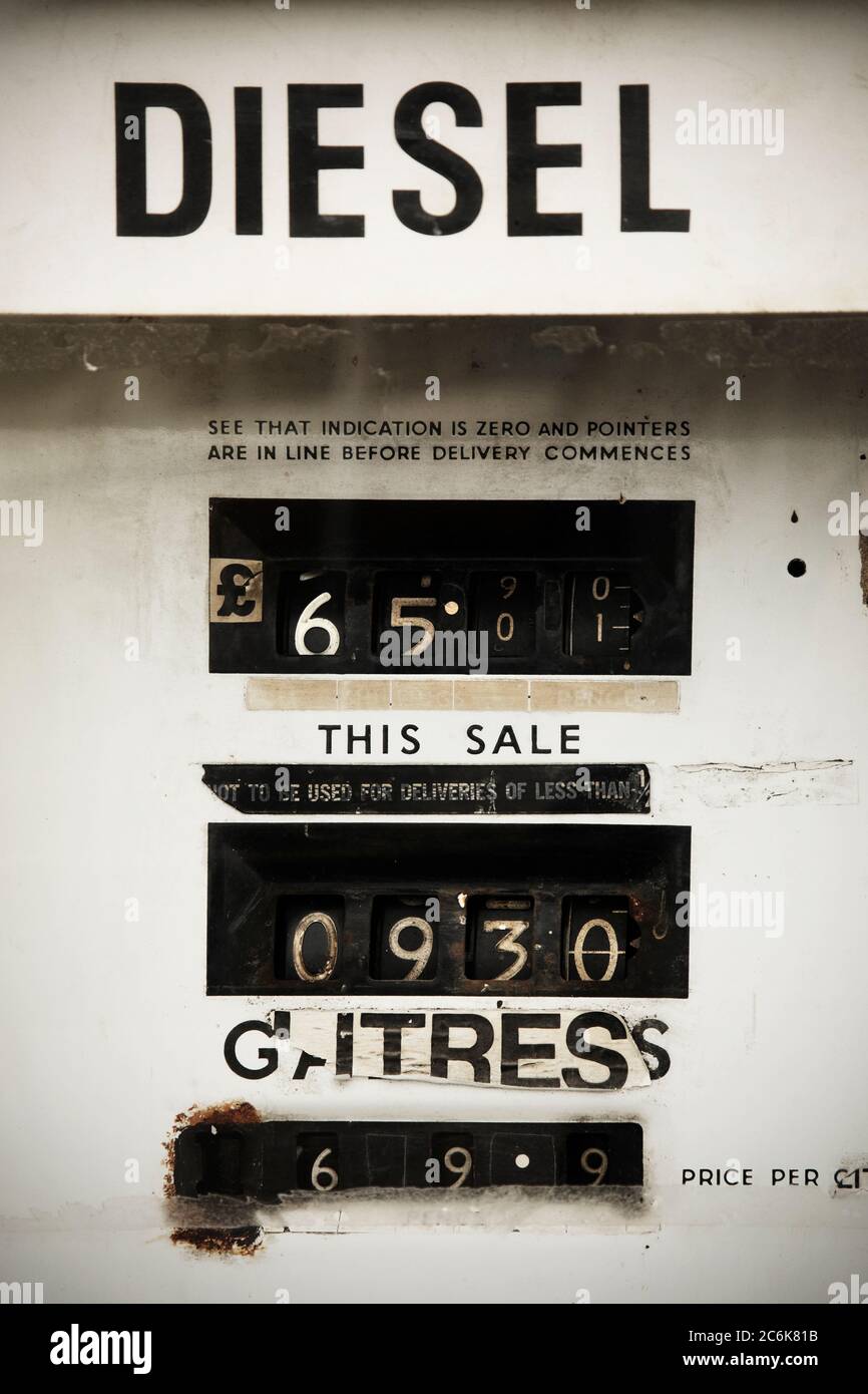 Dials on old British fuel pump showing a sale of £65.01 for 93 litres
