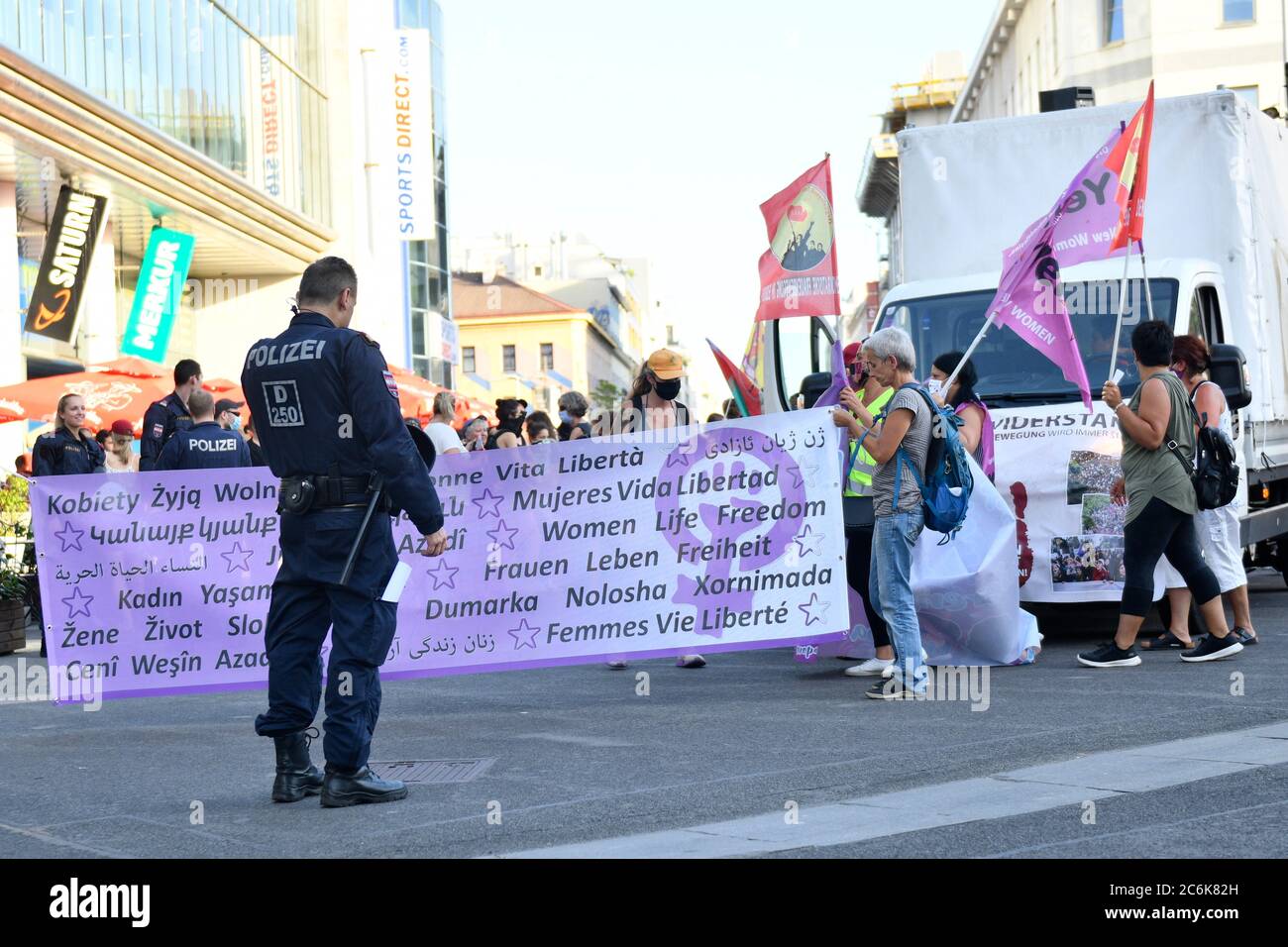 Vienna, Austria. 10th July 2020. In the run-up to today's demonstration, Alliance Antifascist Solidarity 'Against Fascism, Racism and Women's Violence', Interior Minister Karl Nehammer announced that the first suspects of the past unrest have already been investigated. Hundreds of police officers will also be on site for this demonstration. Credit: Franz Perc / Alamy Live News Stock Photo