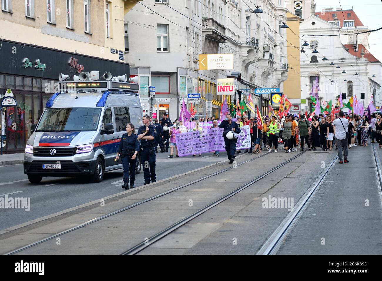 Vienna, Austria. 10th July 2020. In the run-up to today's demonstration, Alliance Antifascist Solidarity 'Against Fascism, Racism and Women's Violence', Interior Minister Karl Nehammer announced that the first suspects of the past unrest have already been investigated. Hundreds of police officers will also be on site for this demonstration. Credit: Franz Perc / Alamy Live News Stock Photo