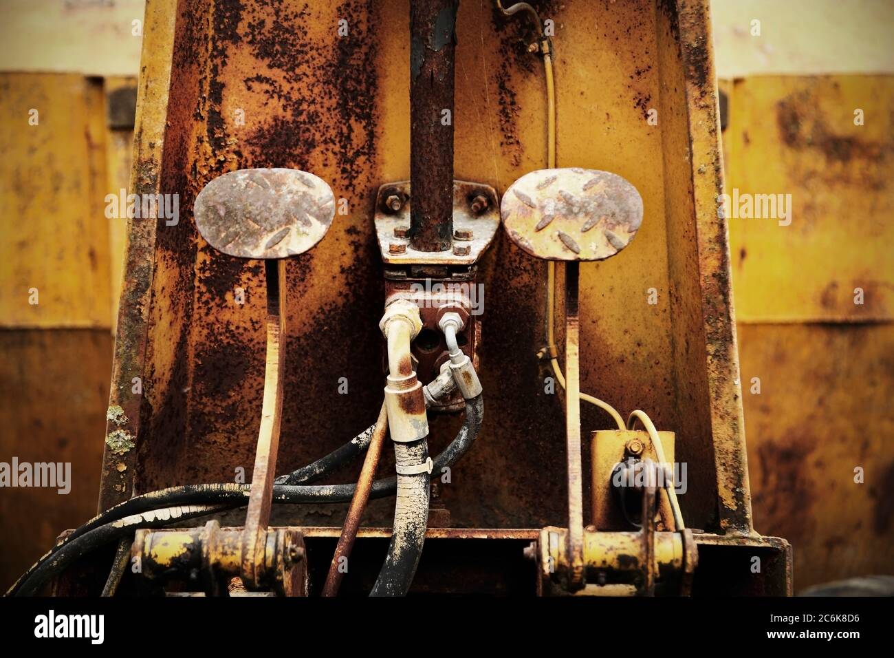 Pedals and controls of old dumper truck. Stock Photo
