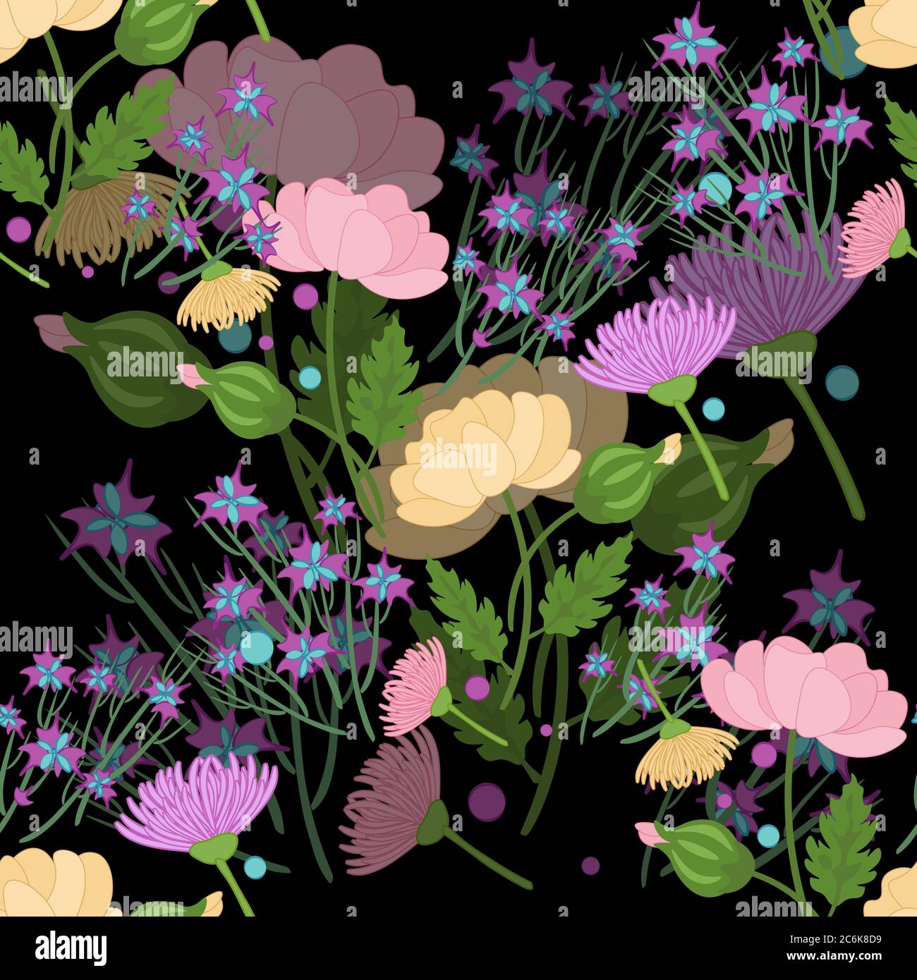 bright delicate flowers on a black background seamless pattern Stock Vector