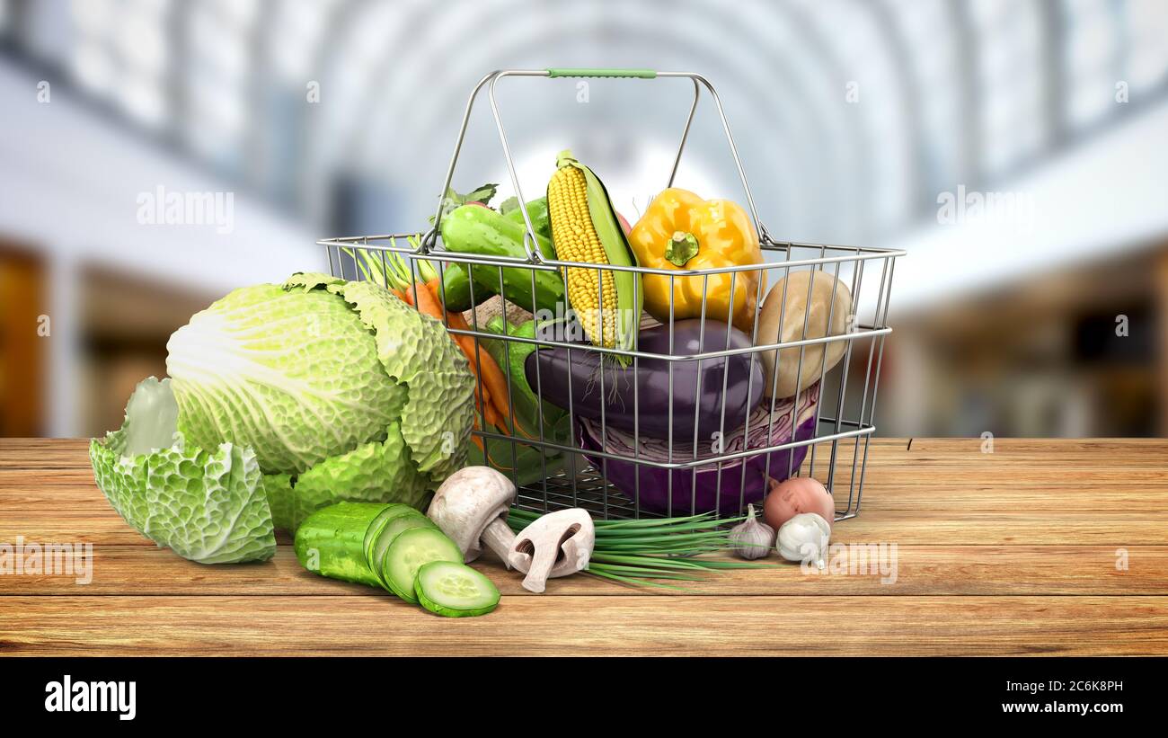 grocery basket with vegetables concept of fresh food sale or grocery