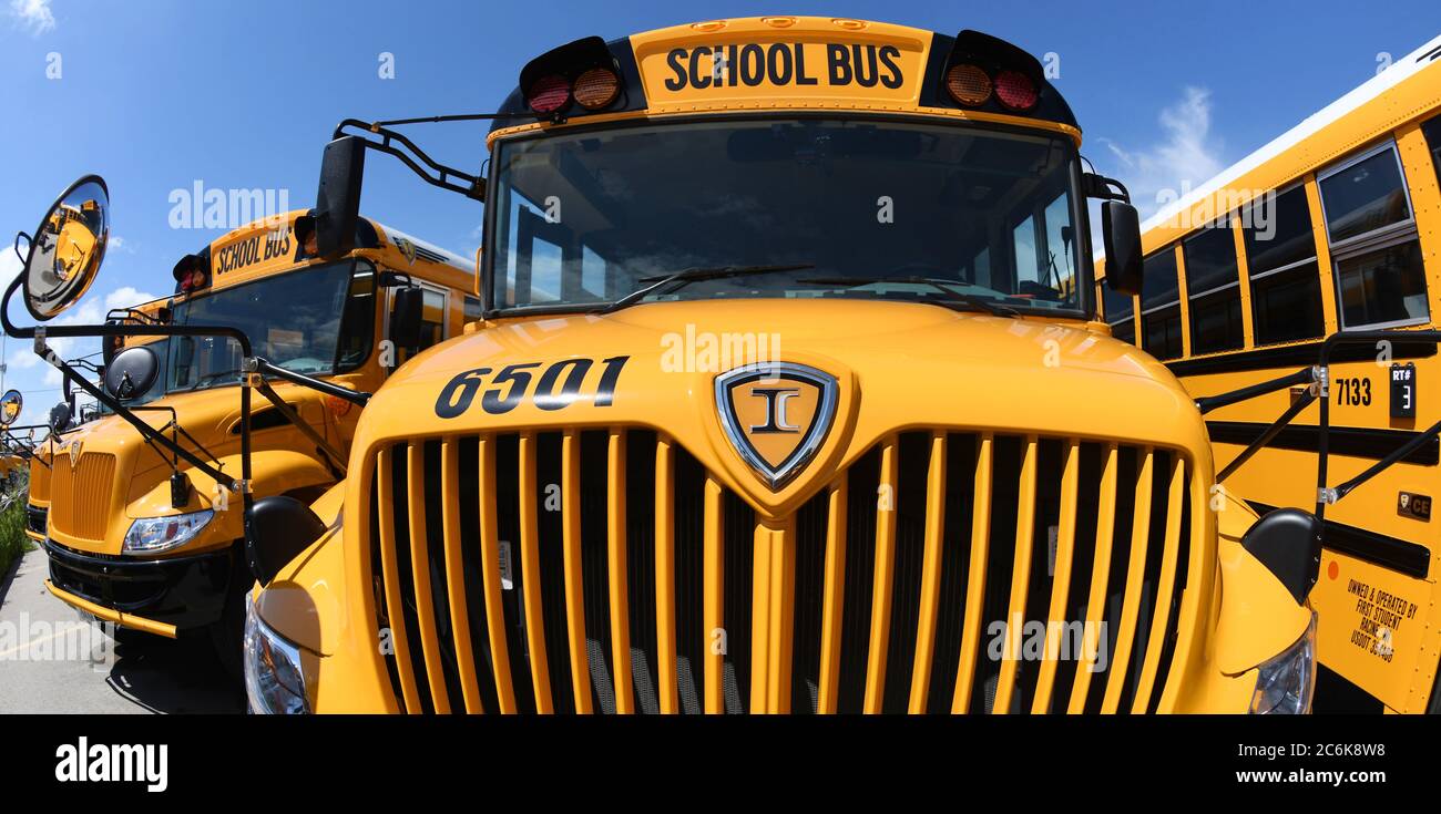 Mount Pleasant, Wisconsin, USA. 10th July, 2020. School buses are