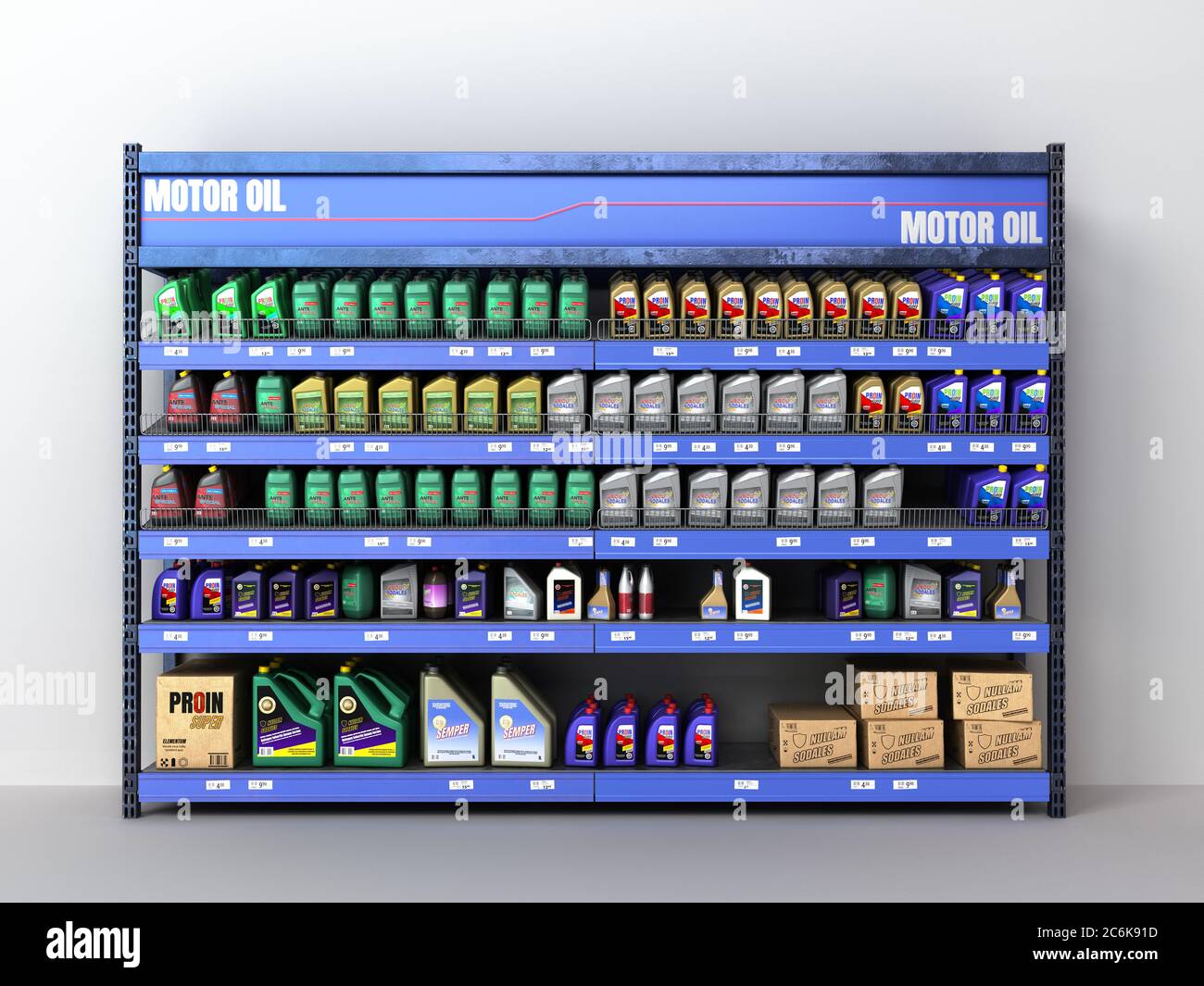 engine oil stand in the supermarket 3d render on white Stock Photo - Alamy