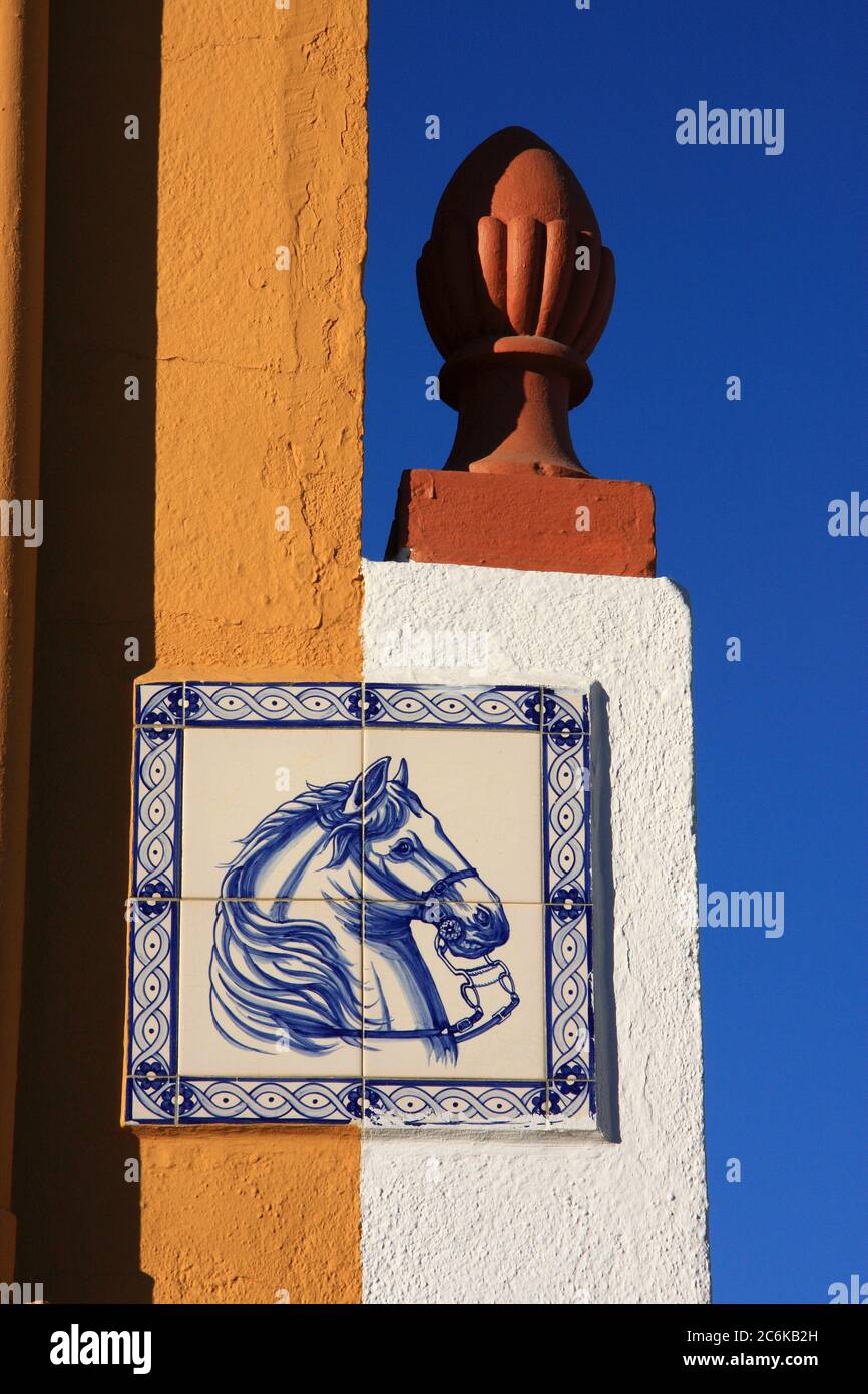 Golega, Santarem, Portugal. Archtectural detail and traditional glazed ceramic wall tile depicting a Lusitano or Lusitanian pure-bred horse. Stock Photo