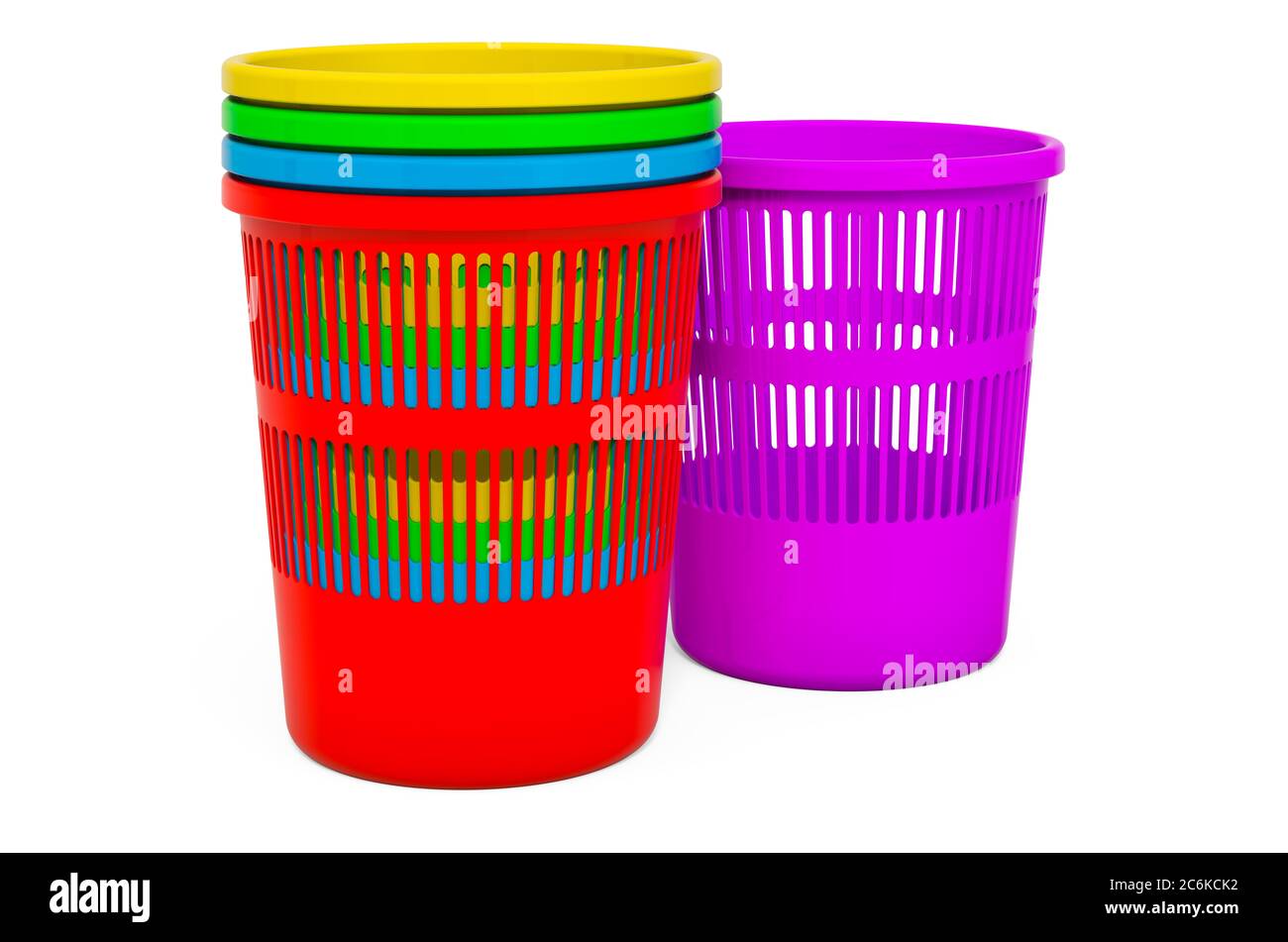 Colored Plastic Mesh Waste Paper Bins.3D rendering isolated on white