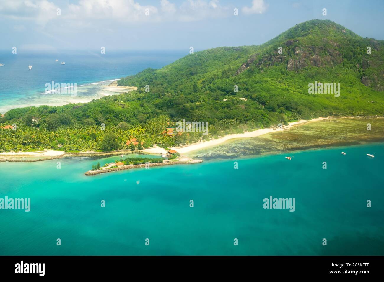 Aerial view of the tropical Mahe Island, Seychelles and beautiful lagoons Stock Photo