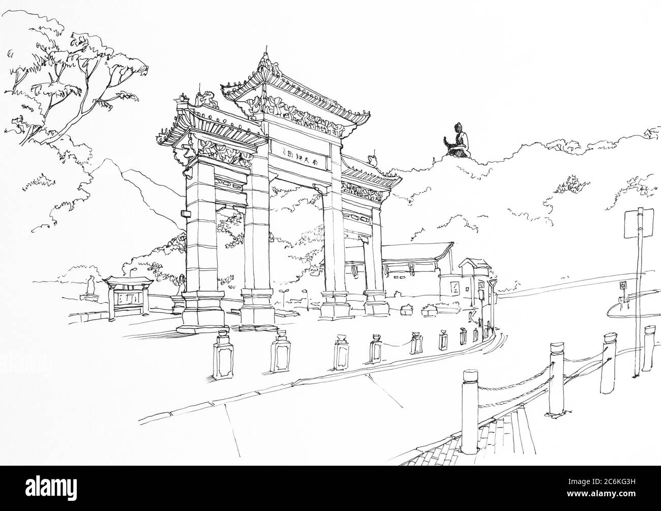 Hand drawn sketch of Entrance Gate to the Po Lin Monastery, Lantau Island, Hong Kong, China Stock Photo