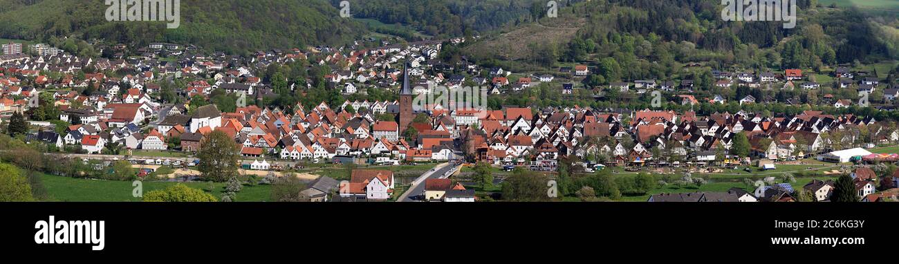 Luegde, Germany - 10 May 2015: Panorama view of Luegde on Easter Sunday from the Osterberg. Spring travel destination for a quiet holiday. Stock Photo