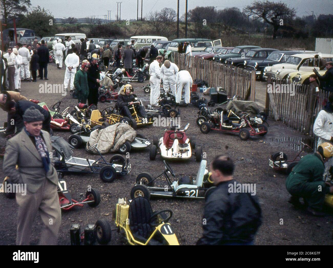 Hertfordshire, England. 1962. A go-kart race meeting at Rye House Kart Circuit, Hoddesdon, Hertfordshire. Stock Photo