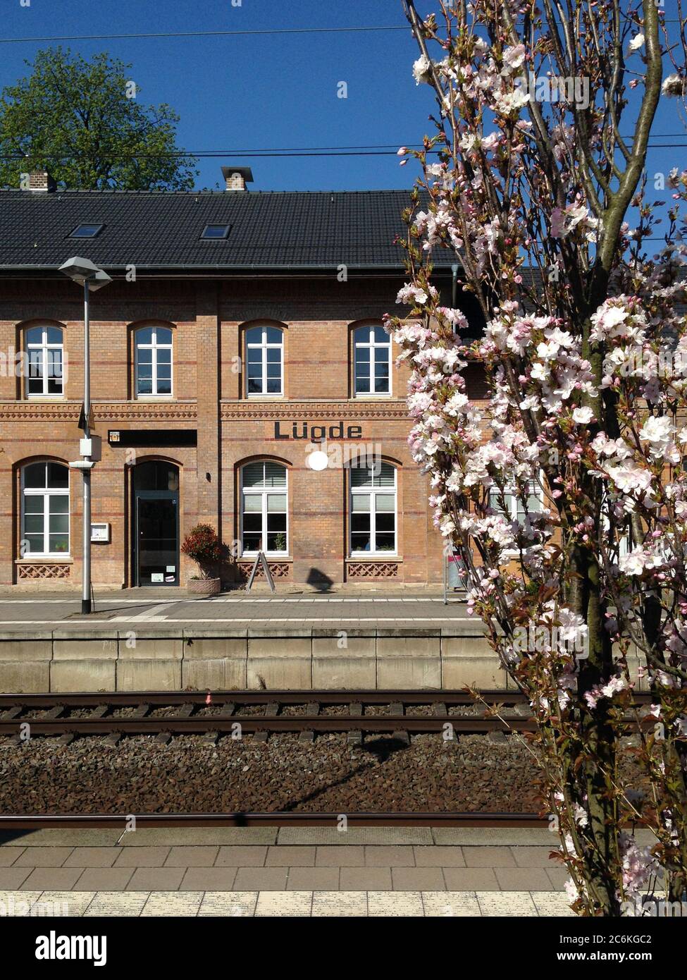Train station in small town Luegde, Germany in spring. Stock Photo