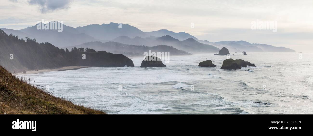 Looking south from Ecola State Park towards Crescent Beach and Canon Beach, Oregon, USA. Stock Photo