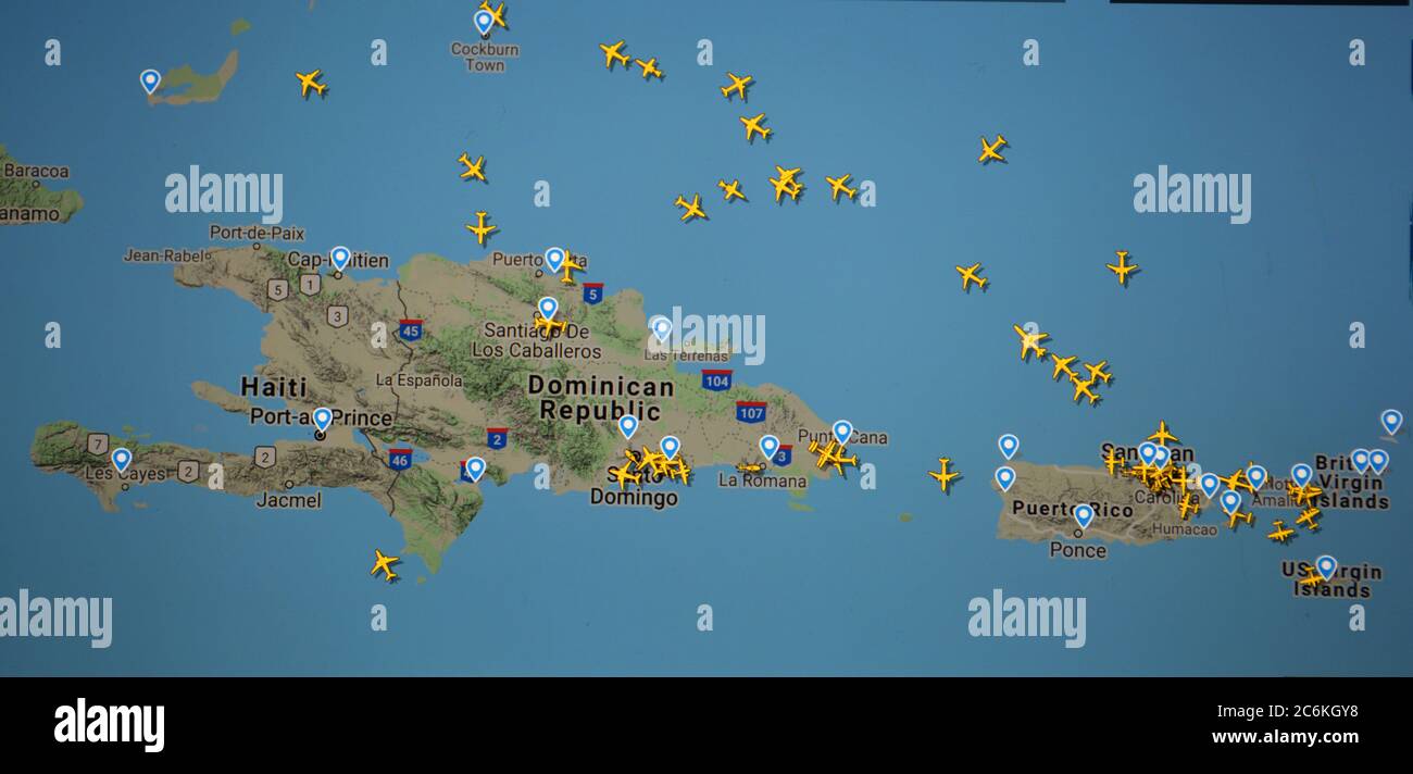 air traffic over Haiti, Dominican Republic, Puerto Rico (10 july 2020, UTC 19.08)   on Internet with Flightradar 24 site by Svenska Resenätverket AB Stock Photo