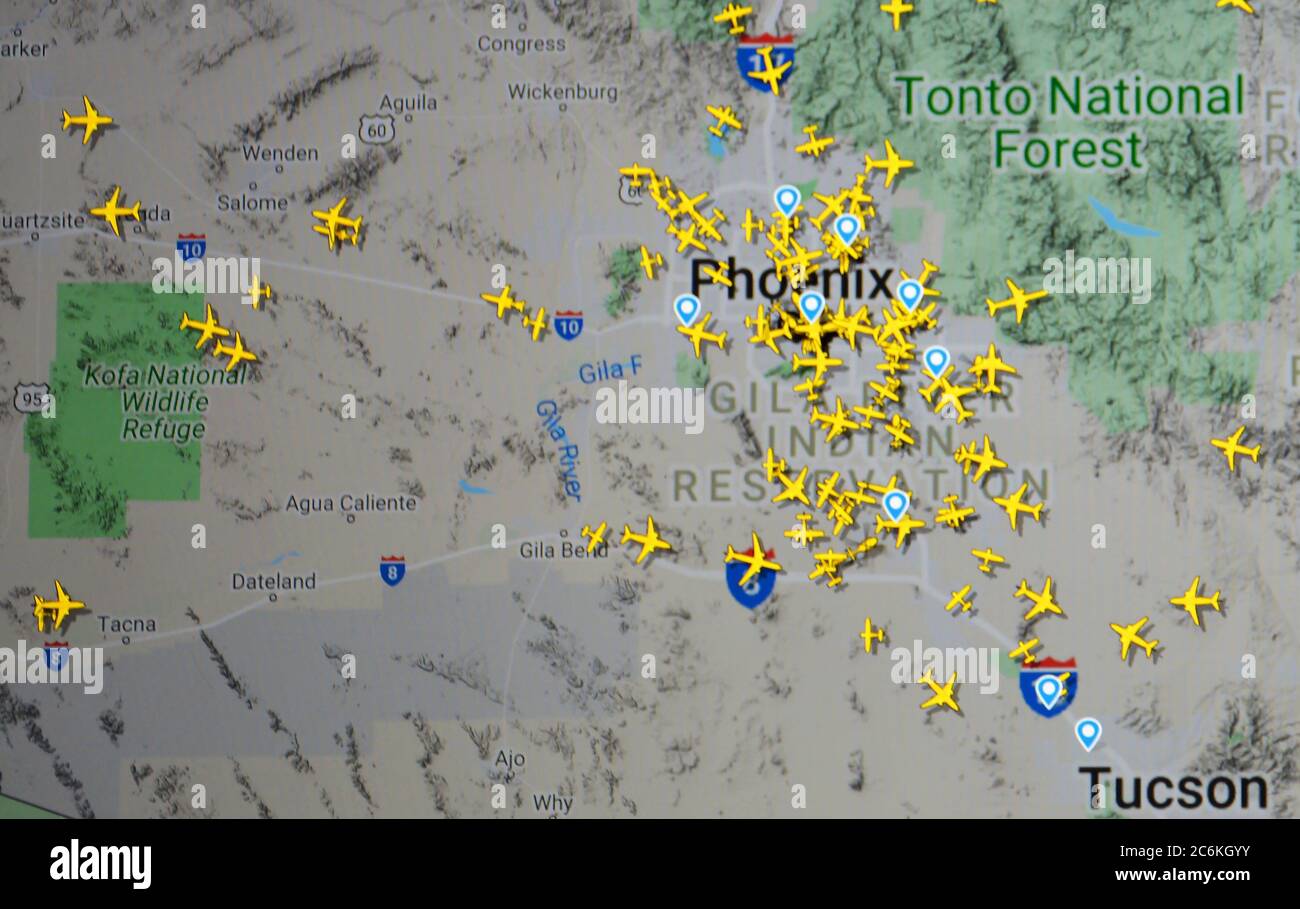air traffic over Phoenix,  Arizona (10 july 2020, UTC 19.12)  on Internet with Flightradar 24 site,  during the Coronavirus Pandemic period Stock Photo