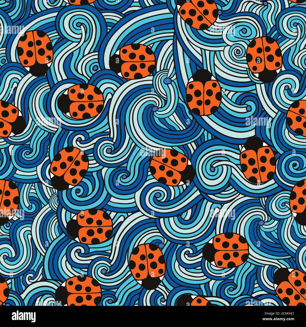 Seamless pattern with cute ladybugs and curly abstract line elements. Vector illustration. Stock Vector