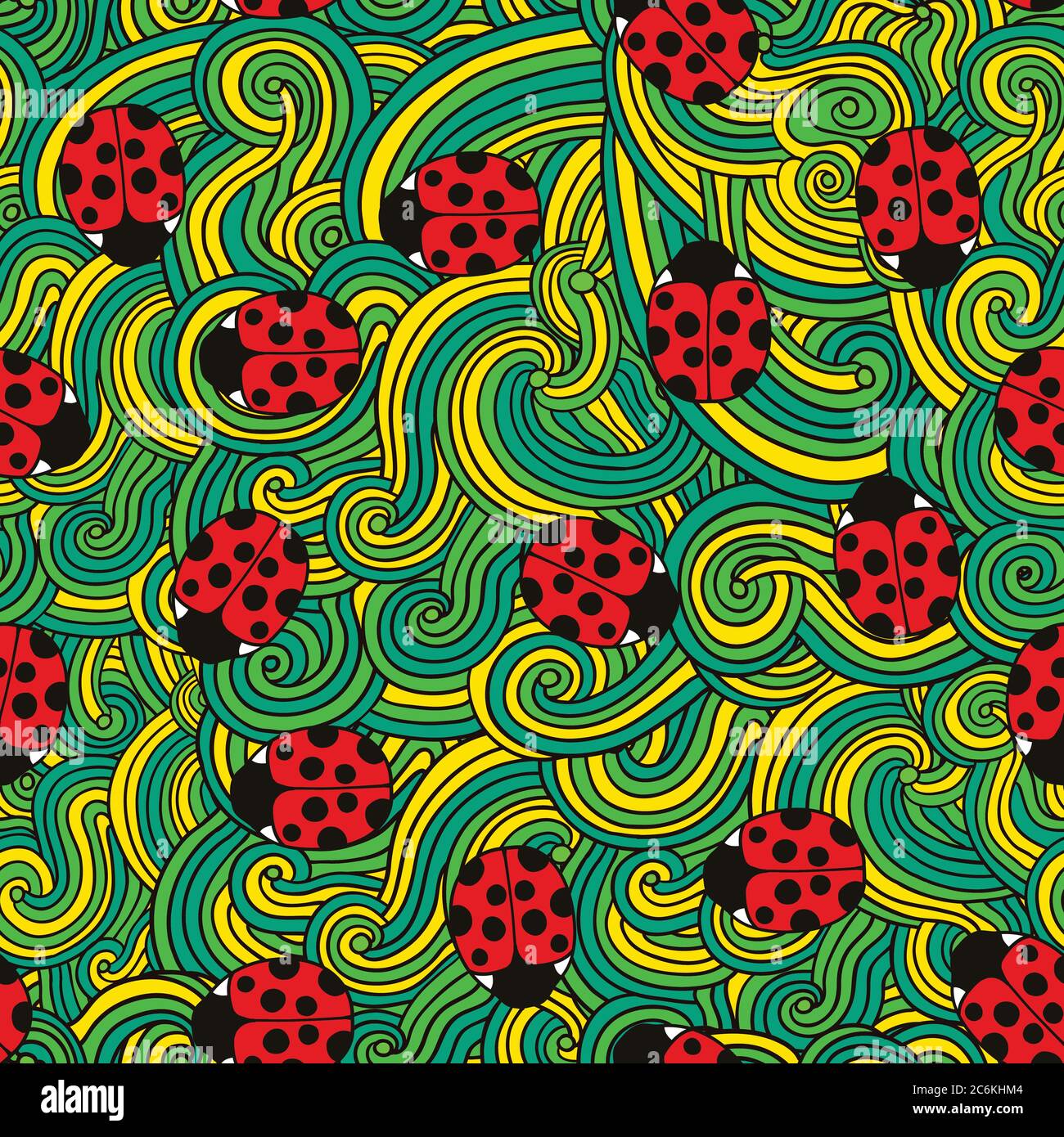 Seamless pattern with cute ladybugs and curly abstract line elements. Vector illustration. Stock Vector