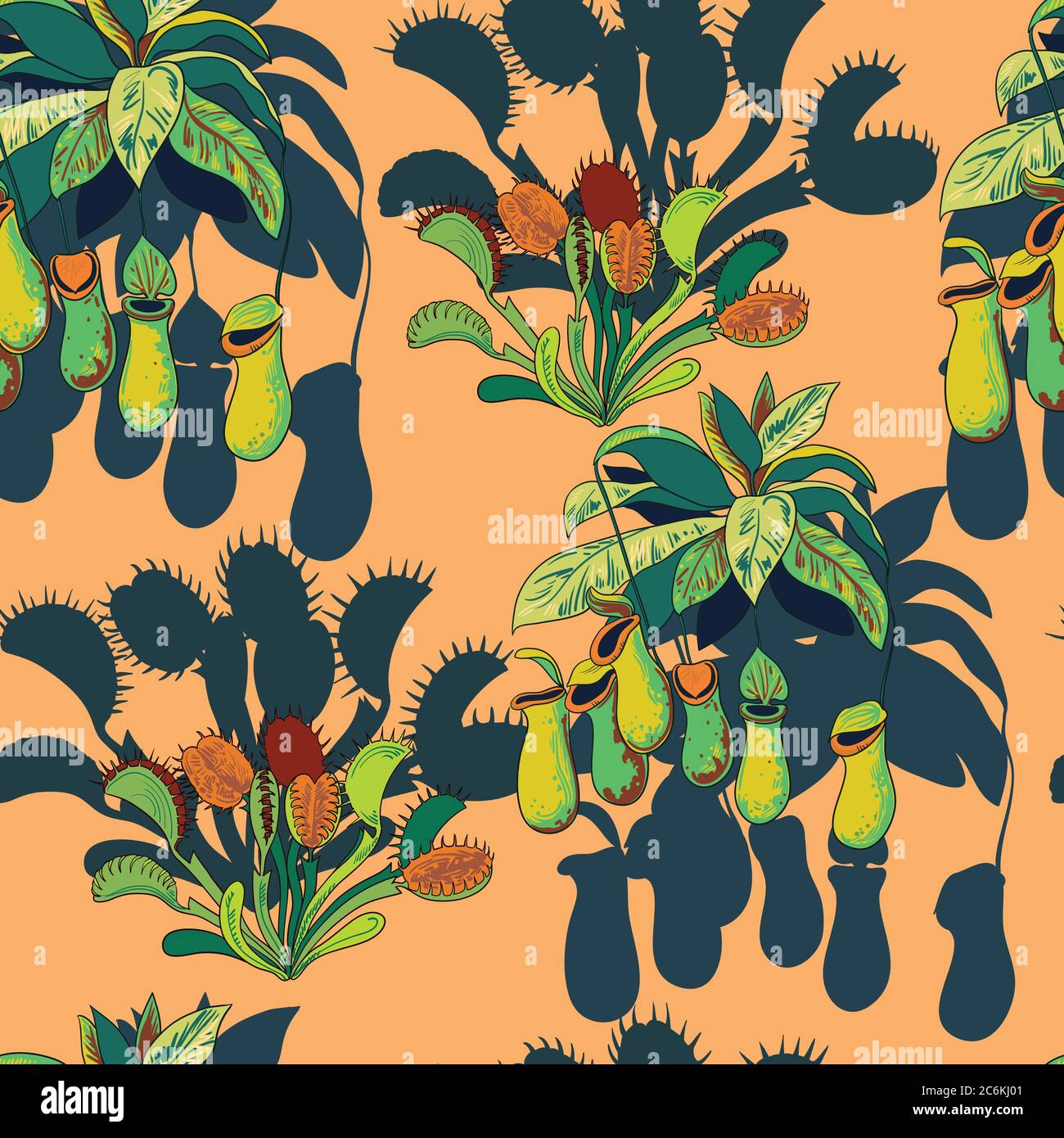 Seamless pattern with carnivores plants. Vector illustration. Stock Vector