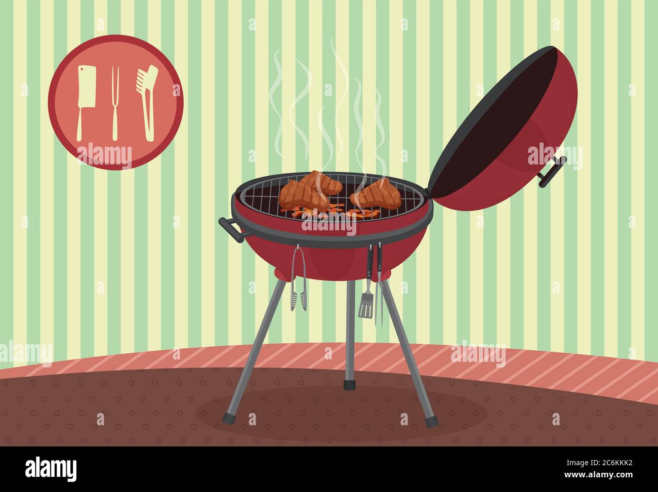 Kettle barbecue grill on vintage background. Picnic camping cooking