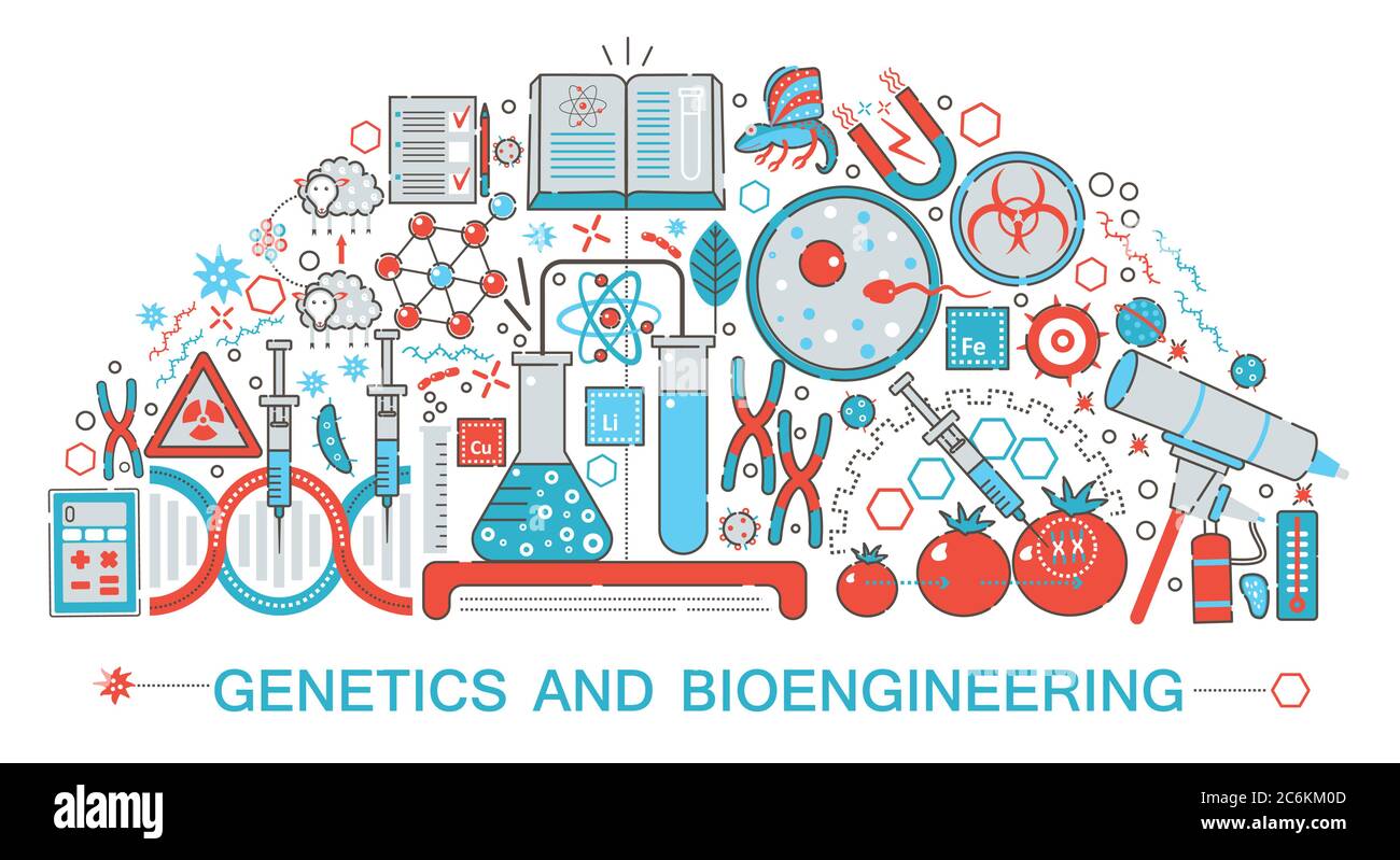 Modern Flat thin Line design biology, genetics and bioengineering technology science concept for web banner website, presentation, flyer and poster Stock Vector