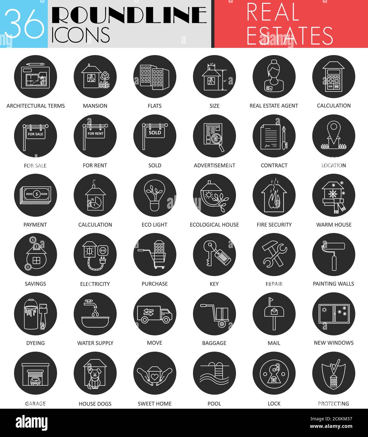 Vector Real estates circle white black icon set. Modern line black icon ...
