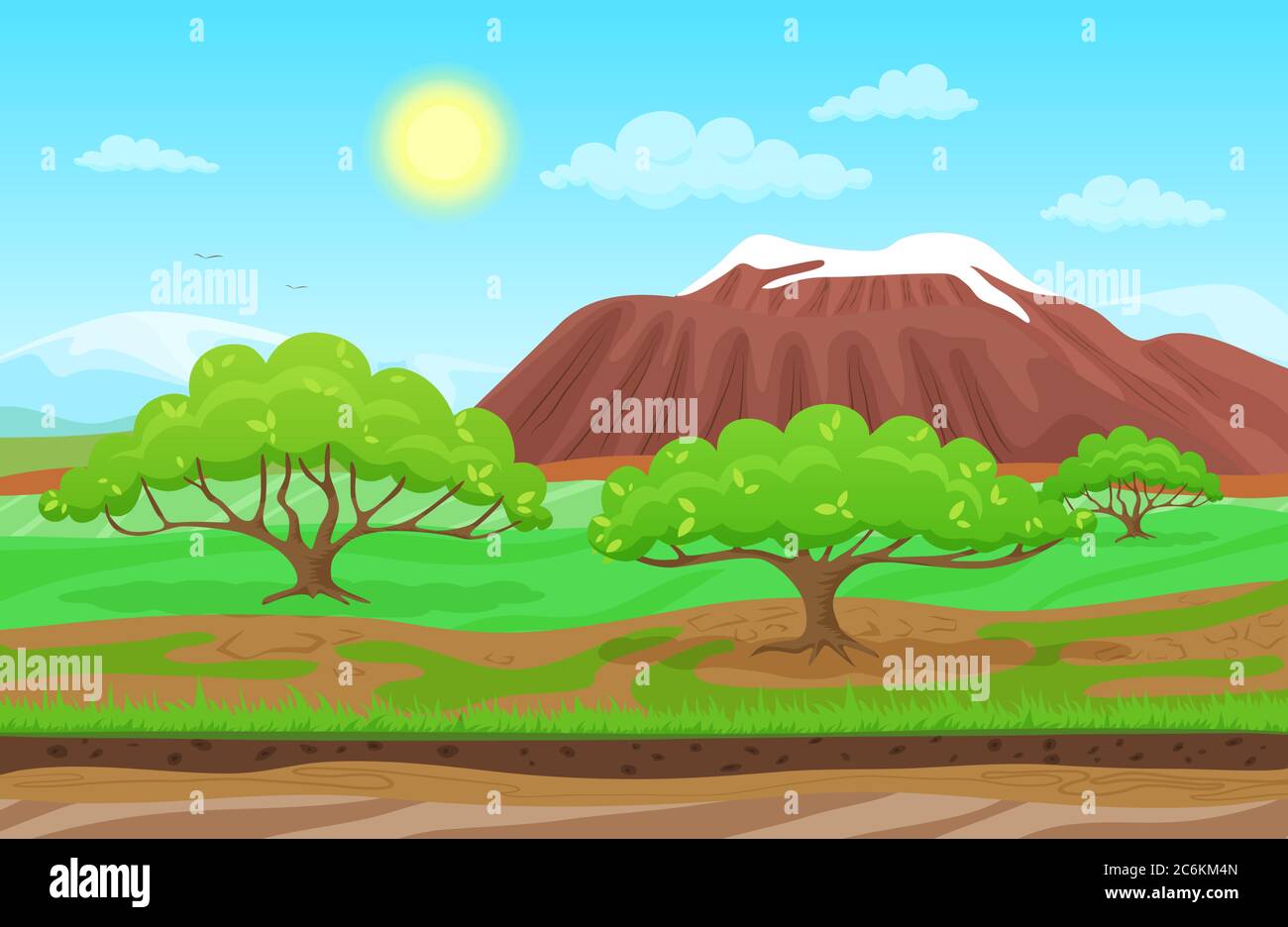 Cartoon nature spring summer landscape in sun day with grass, trees, cloudy sky and mountains hills. Vector Colorful game style illustration. Background for games Stock Vector