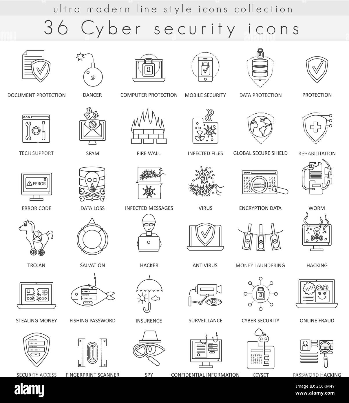 Vector Cyber security technology ultra modern outline line icons for web and apps Stock Vector