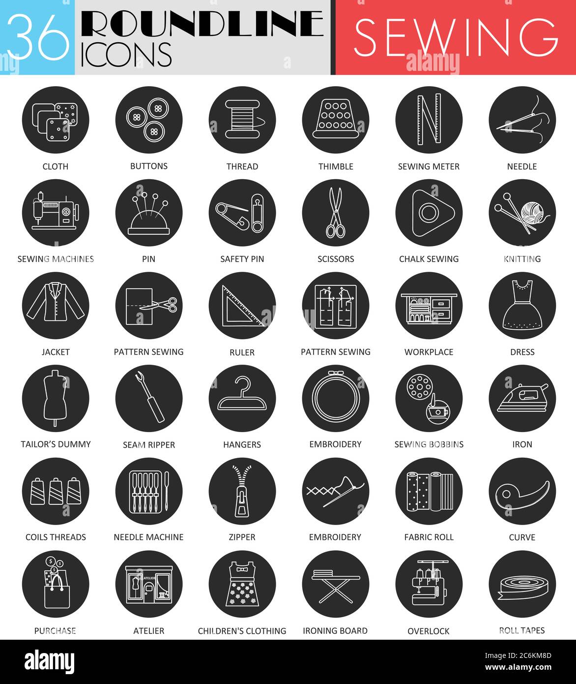 Vector Sewing circle white black icon set. Modern line black icon design for web Stock Vector