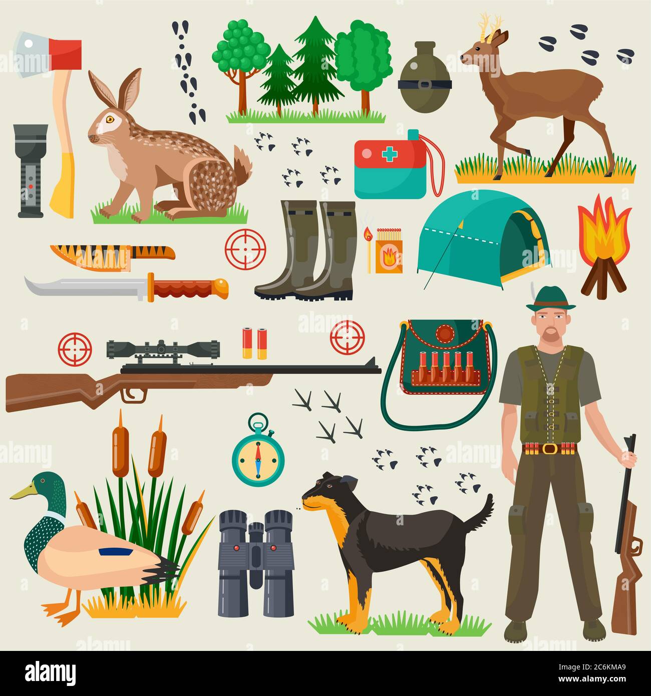 Hunter tourist man male tools and equipment stuff items set. Cartoon flat Hunting hunters icons collection Stock Vector