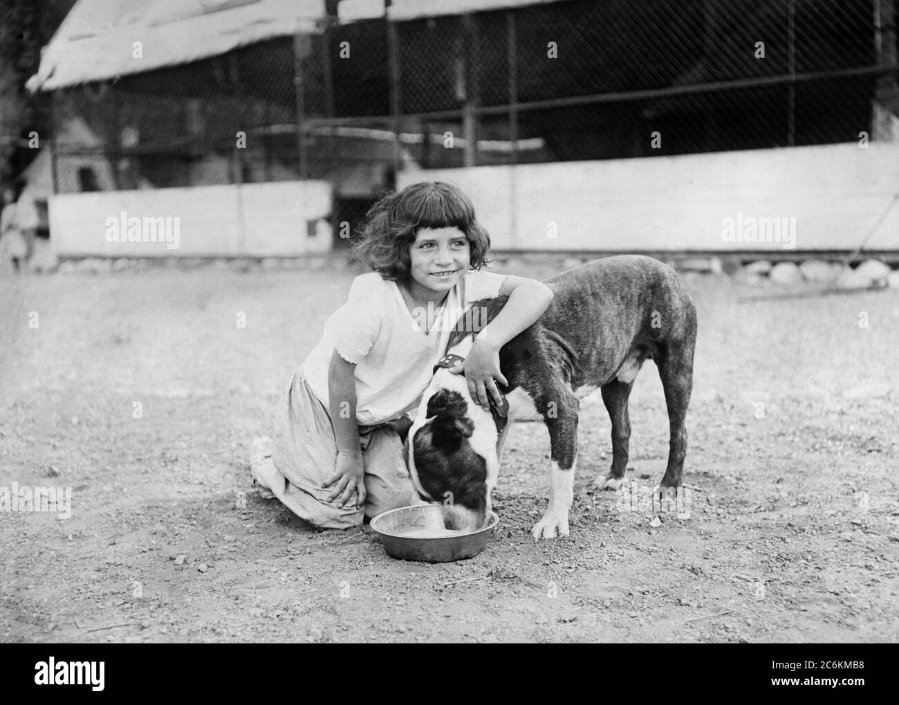 Young Girl with Dog, Kiddie Camp funded and maintained by American Red Cross, Santa Margarita Canyon, San Luis Obispo County, California, USA, American Red Cross Collection, September 1920 Stock Photo