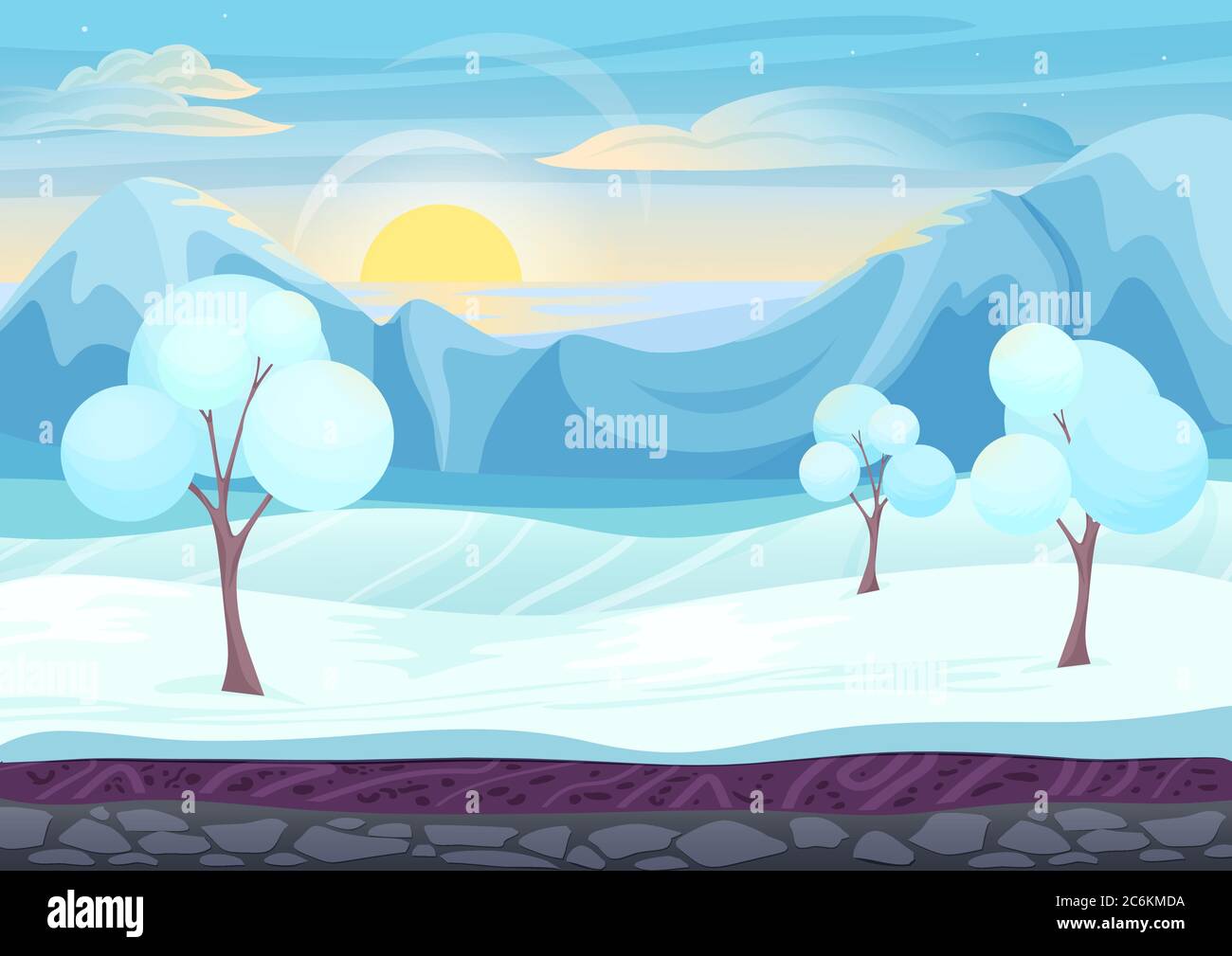 Cartoon winter game style landscape with with ice, trees, cloudy sky and snow mountains hills. Background for games Stock Vector