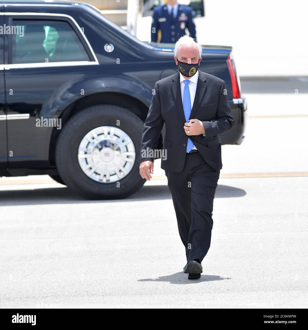 Miami, United States Of America. 10th July, 2020. MIAMI, FL - JULY 10: US President Donald Trump arriving at Miami International Airport on July 10, 2020 in Miami, Florida. The President was greeted by Carlos A. Gimnez Mayor of Miami-Dade County and is in town to receive a briefing on SOUTHCOM Enhanced Counternarcotics Operation and to attend Iglesia Doral Jesus Worship Center to participate in a roundtable on Supporting the People of Venezuela People: Carlos A. Gimenez Credit: Storms Media Group/Alamy Live News Stock Photo