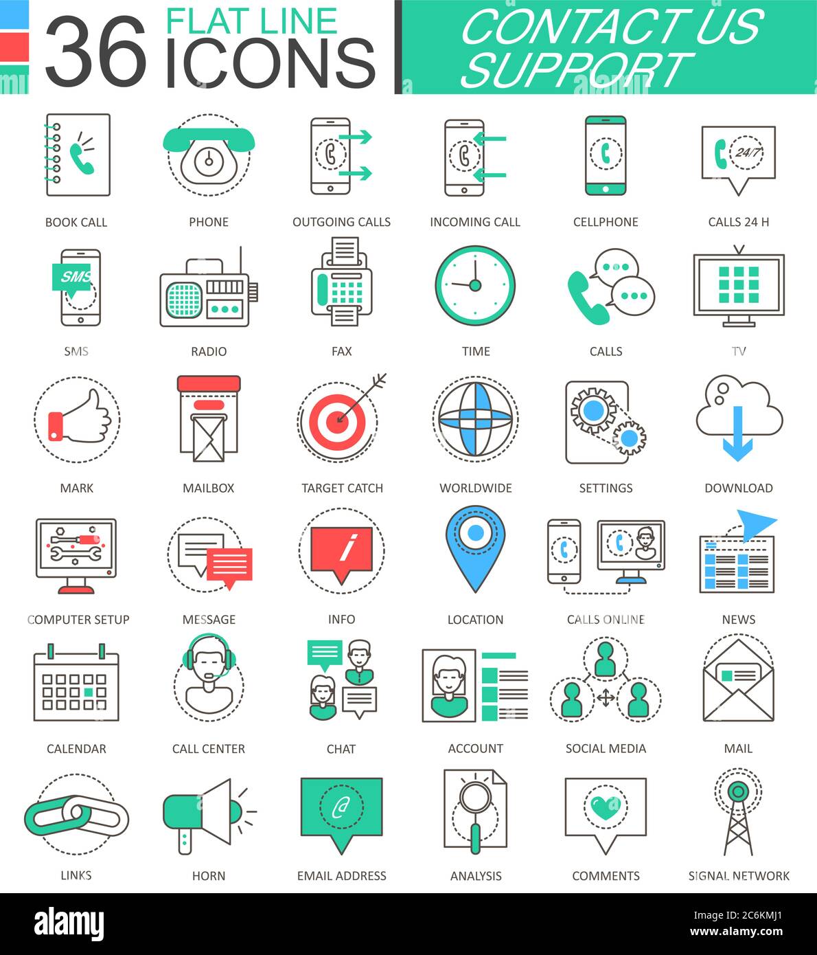 Vector Contact us support modern color flat line outline icons for apps ...