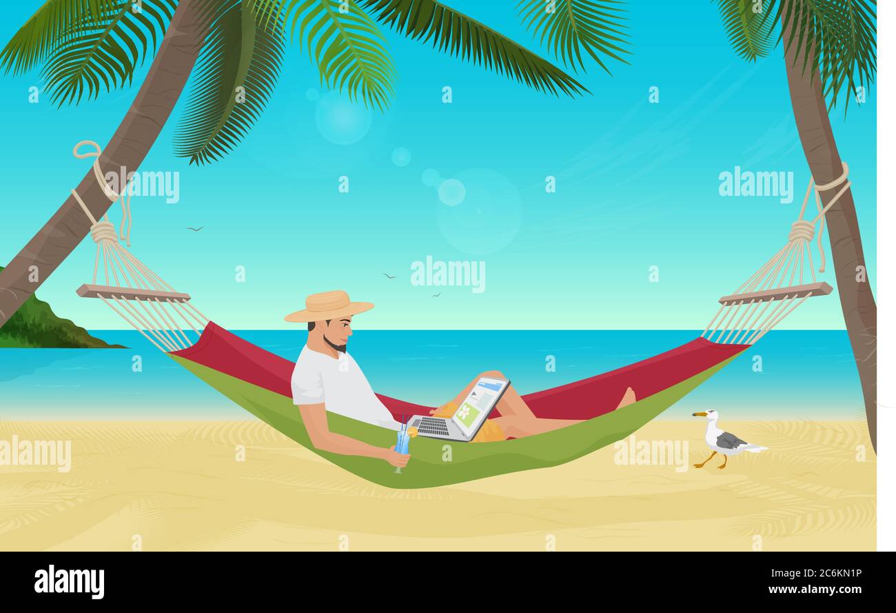 Man businessman sitting in hammock on the sea beach and working with his laptop computer. Best place for work Stock Vector